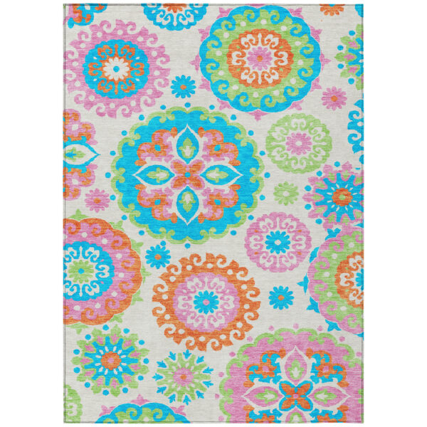 5' X 8' White Orange And Teal Blue Floral Medallion Washable Indoor Outdoor Area Rug