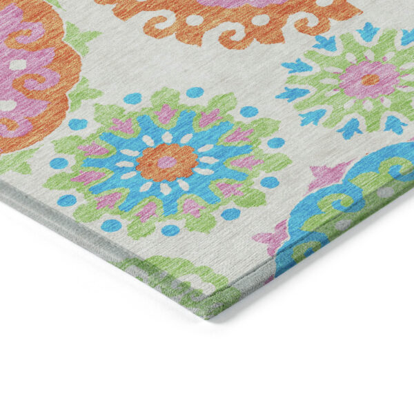 5' X 8' White Orange And Teal Blue Floral Medallion Washable Indoor Outdoor Area Rug