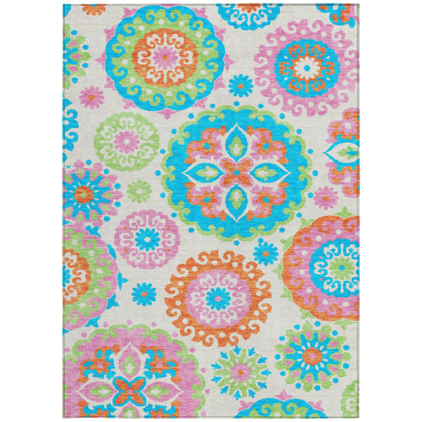 5' X 8' White Orange And Teal Blue Floral Medallion Washable Indoor Outdoor Area Rug
