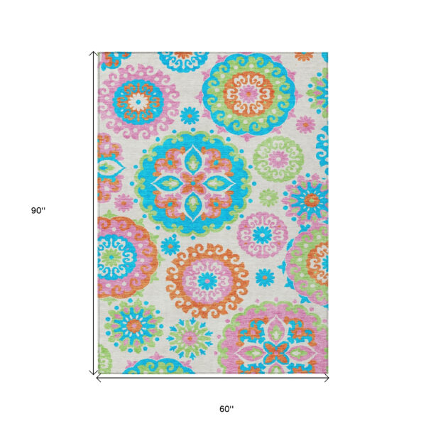 5' X 8' White Orange And Teal Blue Floral Medallion Washable Indoor Outdoor Area Rug