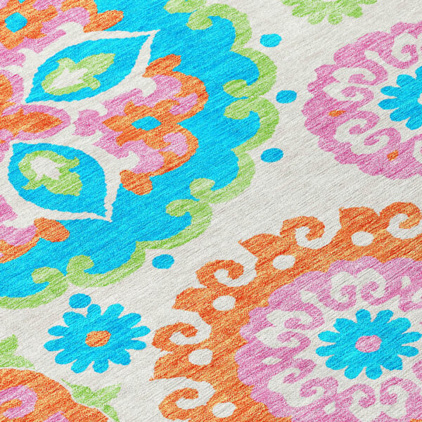 5' X 8' White Orange And Teal Blue Floral Medallion Washable Indoor Outdoor Area Rug