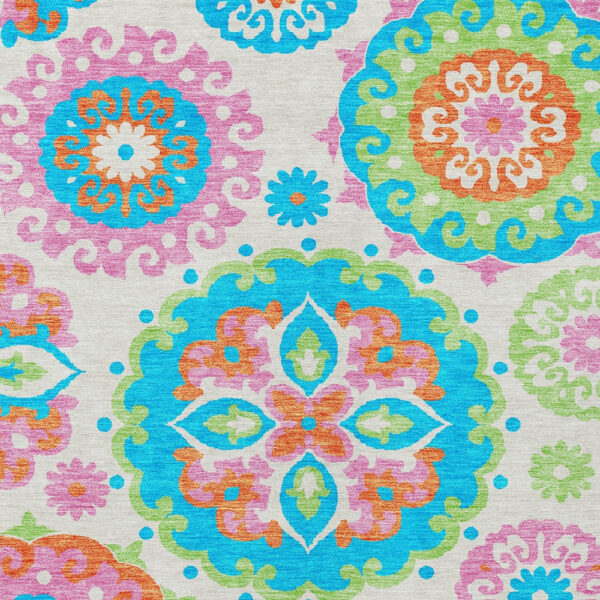 5' X 8' White Orange And Teal Blue Floral Medallion Washable Indoor Outdoor Area Rug