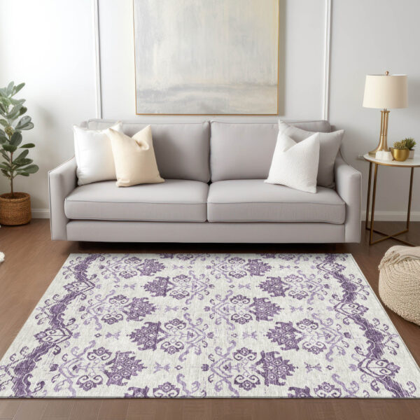 9' X 12' Purple Silver And Lilac Oriental Washable Indoor Outdoor Area Rug