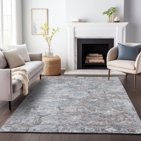 8' X 10' Brown And Blue Oriental Washable Indoor Outdoor Area Rug