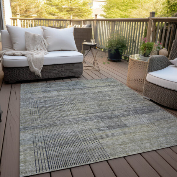 10' X 14' Khaki Beige And Gray Striped Washable Indoor Outdoor Area Rug