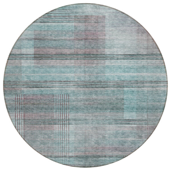8' Teal Blue Gray And Charcoal Round Striped Washable Indoor Outdoor Area Rug