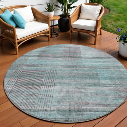 8' Teal Blue Gray And Charcoal Round Striped Washable Indoor Outdoor Area Rug
