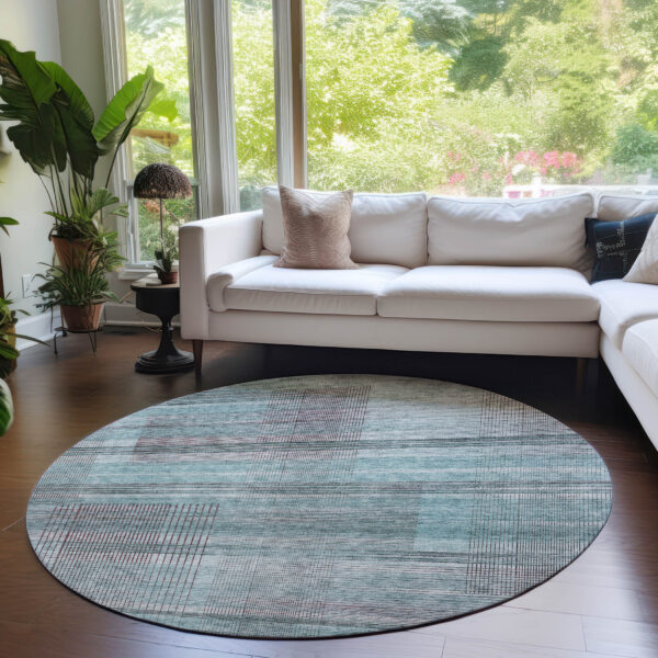 8' Teal Blue Gray And Charcoal Round Striped Washable Indoor Outdoor Area Rug