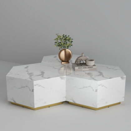 35" White And Gold Faux Marble Hexagon Drum Coffee Table