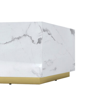 35" White And Gold Faux Marble Hexagon Drum Coffee Table