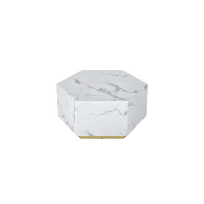 35" White And Gold Faux Marble Hexagon Drum Coffee Table