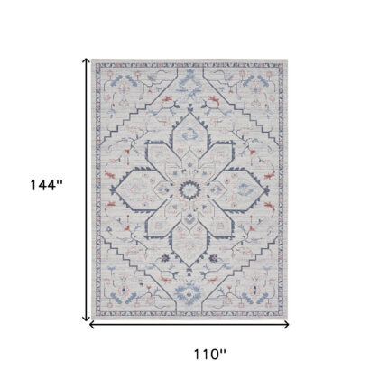 9' x 12' Ivory and Blue Oriental Power Loom Washable Area Rug