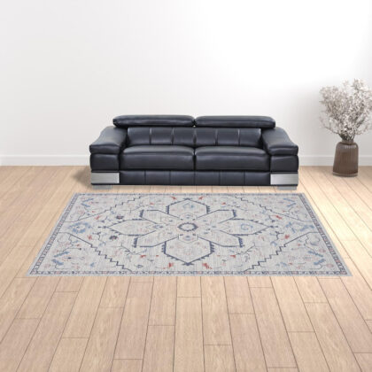 9' x 12' Ivory and Blue Oriental Power Loom Washable Area Rug