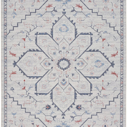 9' x 12' Ivory and Blue Oriental Power Loom Washable Area Rug