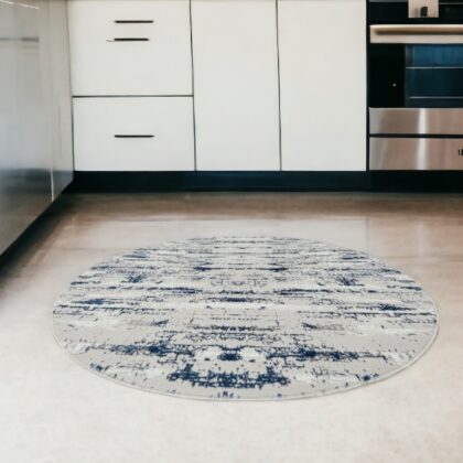 4' Navy Blue Round Abstract Washable Non Skid Area Rug
