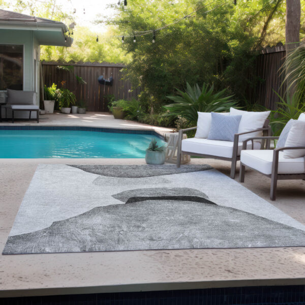 9' X 12' Gray and Black Abstract Washable Non Skid Indoor Outdoor Area Rug