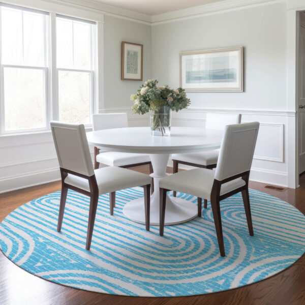 8' Round Teal Round Abstract Washable Non Skid Indoor Outdoor Area Rug