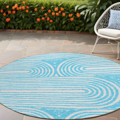 8' Round Teal Round Abstract Washable Non Skid Indoor Outdoor Area Rug