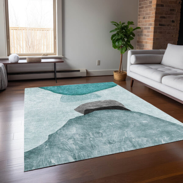 8' X 10' Ivory Teal and Gray Abstract Washable Non Skid Indoor Outdoor Area Rug