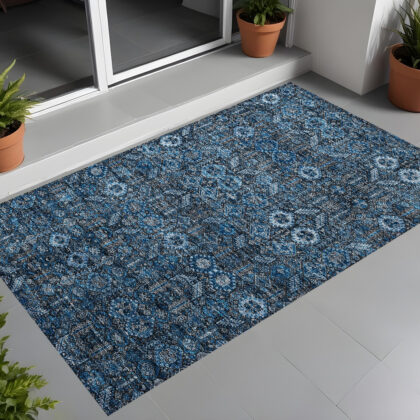 3' X 5' Blue and Black Floral Washable Non Skid Indoor Outdoor Area Rug