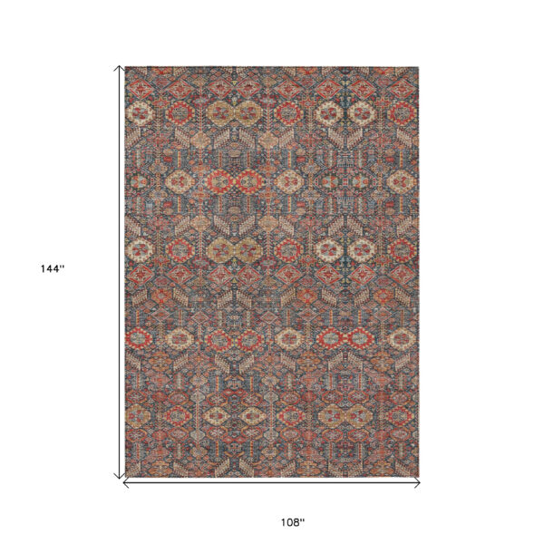9' X 12' Red and Dark Blue Floral Washable Non Skid Indoor Outdoor Area Rug