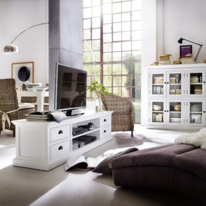 71" White Solid Wood Enclosed and Open Storage TV Stand