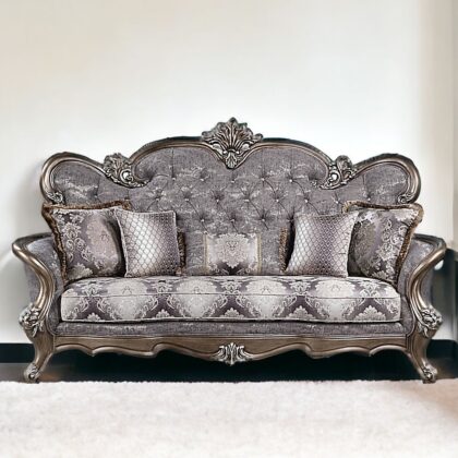 90" Fabric And Bronze Cotton Blend Damask Sofa And Toss Pillows