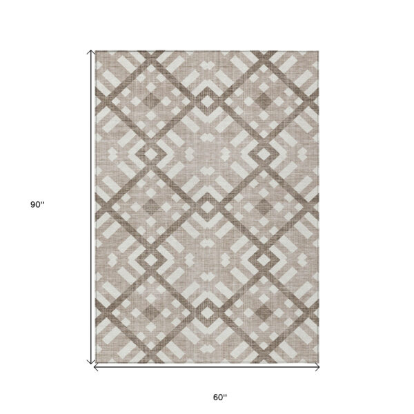 5' X 8' Taupe Brown And Ivory Geometric Washable Indoor Outdoor Area Rug