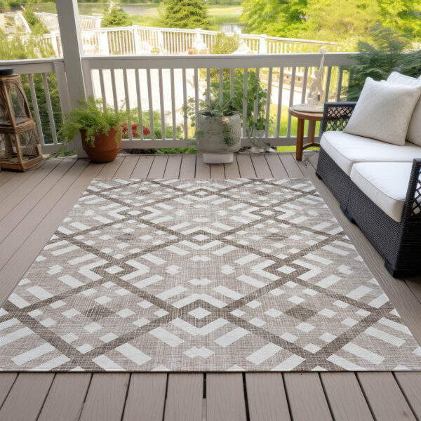 5' X 8' Taupe Brown And Ivory Geometric Washable Indoor Outdoor Area Rug