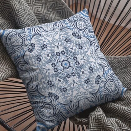 18” Light Blue Boho Ornate Zippered Suede Throw Pillow