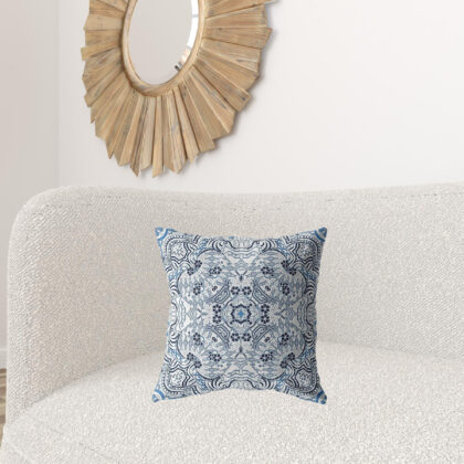 18” Light Blue Boho Ornate Zippered Suede Throw Pillow