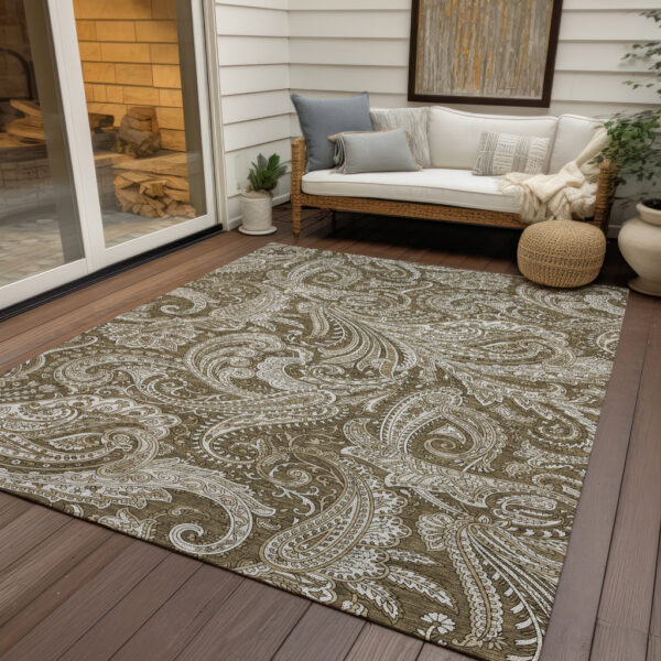 9' X 12' Chocolate Beige And Ivory Paisley Washable Indoor Outdoor Area Rug