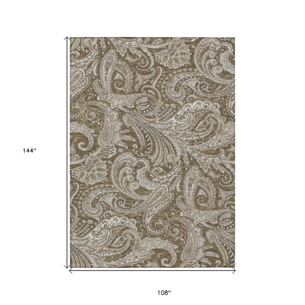 9' X 12' Chocolate Beige And Ivory Paisley Washable Indoor Outdoor Area Rug