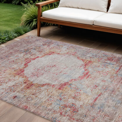 9' X 12' Red Gray And Blue Oriental Washable Indoor Outdoor Area Rug