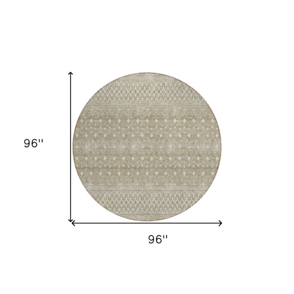 8' Taupe Green And Ivory Round Tribal Washable Indoor Outdoor Area Rug