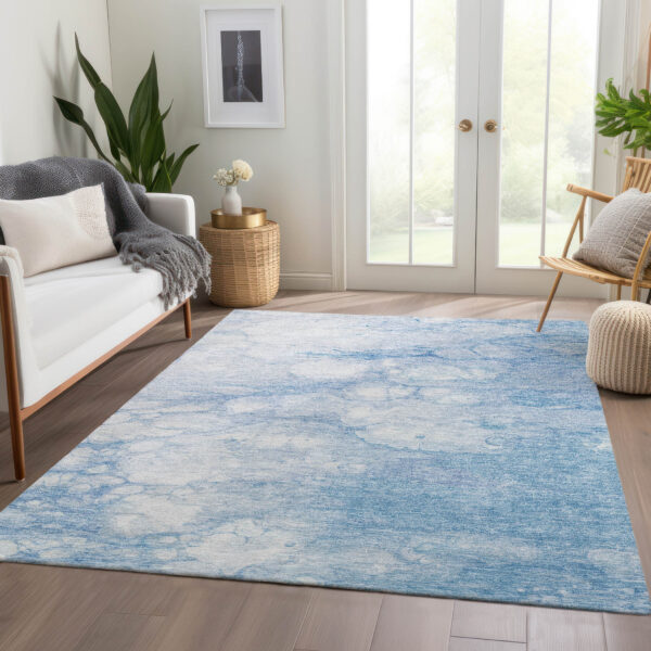 9' X 12' Sky Blue Denim Blue And Silver Abstract Washable Indoor Outdoor Area Rug