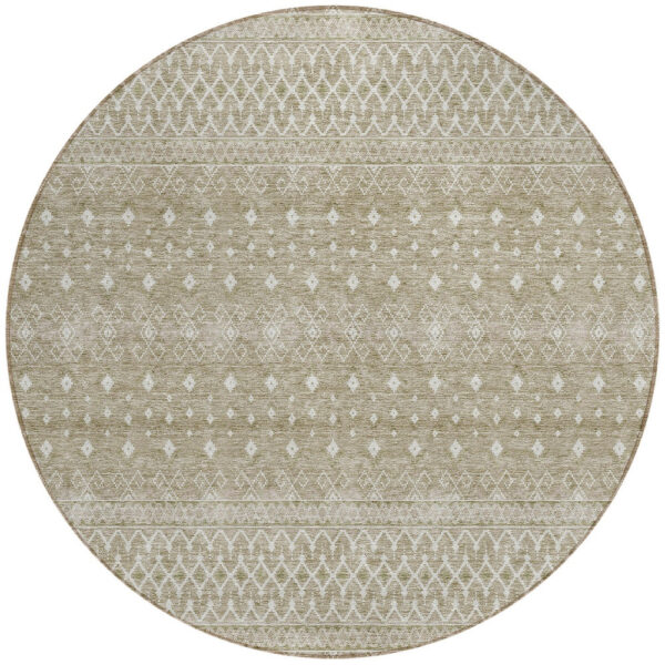 8' Taupe Green And Ivory Round Tribal Washable Indoor Outdoor Area Rug