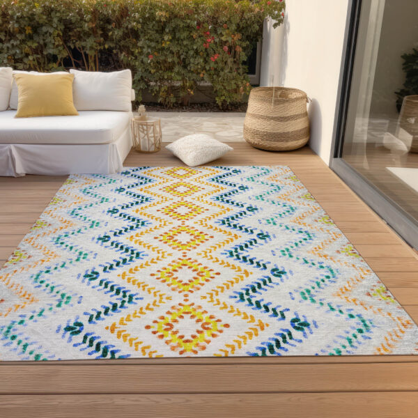3' X 5' Ivory Blue And Purple Geometric Washable Indoor Outdoor Area Rug