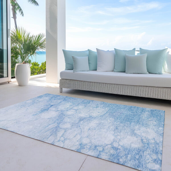 9' X 12' Sky Blue Denim Blue And Silver Abstract Washable Indoor Outdoor Area Rug