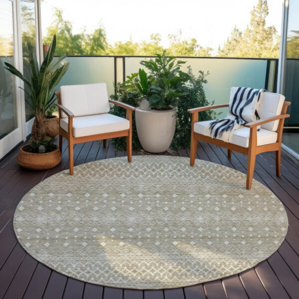 8' Taupe Green And Ivory Round Tribal Washable Indoor Outdoor Area Rug