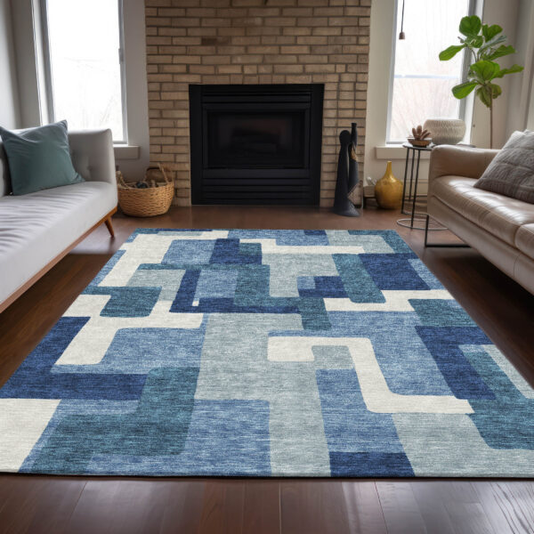 3' X 5' Navy Blue And Sky Blue Abstract Washable Indoor Outdoor Area Rug