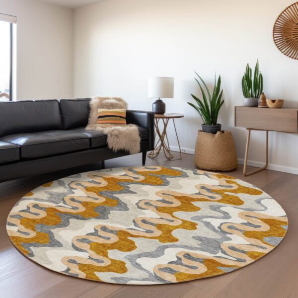 8' Terra Cotta Copper And Gray Round Abstract Washable Indoor Outdoor Area Rug