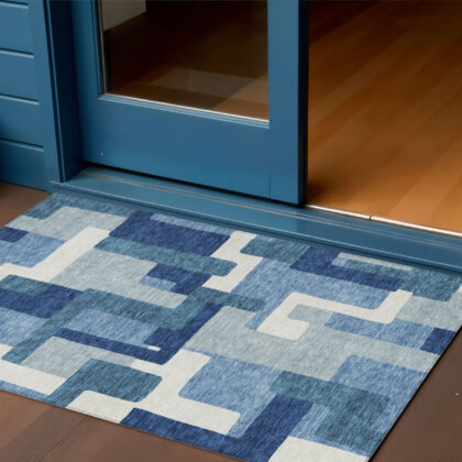 3' X 5' Navy Blue And Sky Blue Abstract Washable Indoor Outdoor Area Rug