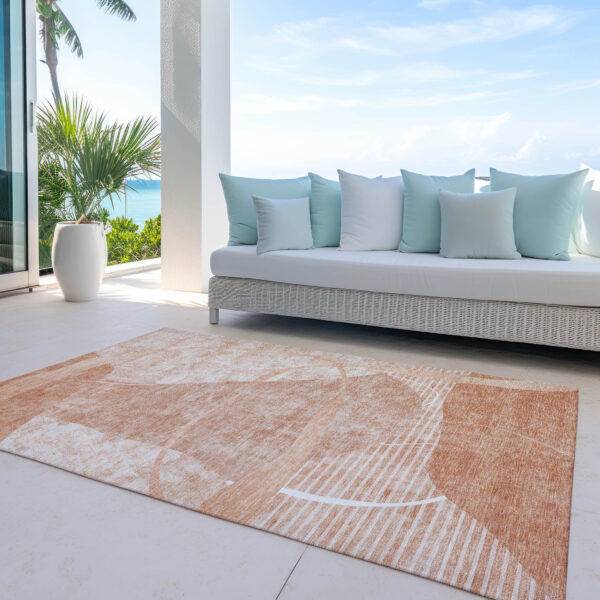 5' X 8' Salmon Copper And Ivory Abstract Washable Indoor Outdoor Area Rug