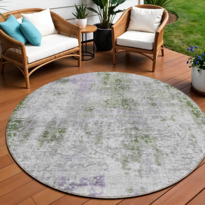 8' Olive Green And Gray Round Abstract Washable Indoor Outdoor Area Rug