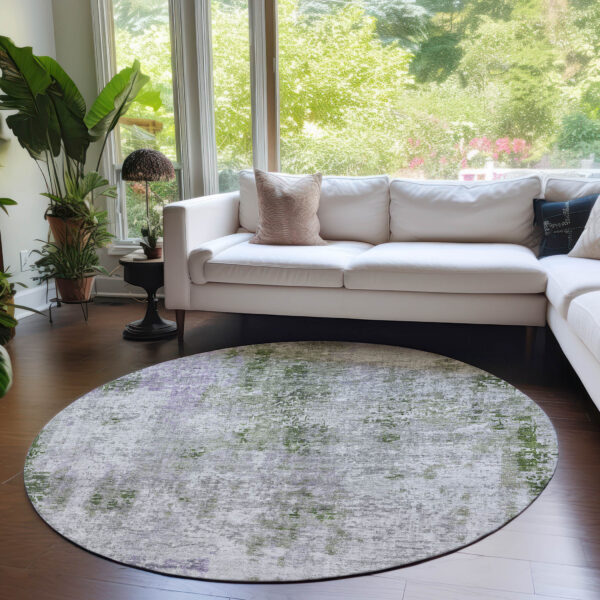8' Olive Green And Gray Round Abstract Washable Indoor Outdoor Area Rug