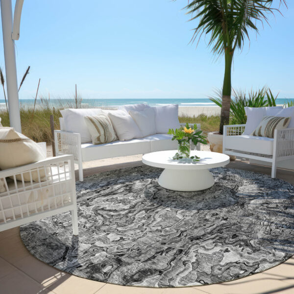 8' Gray Charcoal And Silver Round Abstract Washable Indoor Outdoor Area Rug