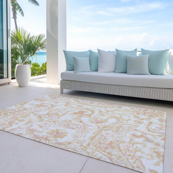 10' X 14' Coral Ivory And Peach Paisley Washable Indoor Outdoor Area Rug