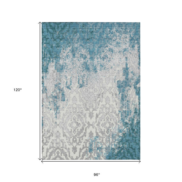 8' X 10' Teal Blue Gray And Ivory Medallion Washable Indoor Outdoor Area Rug