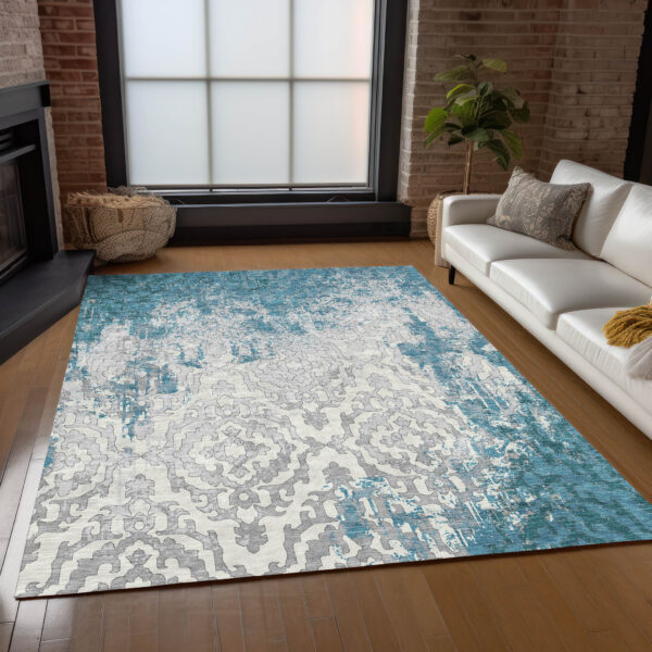 8' X 10' Teal Blue Gray And Ivory Medallion Washable Indoor Outdoor Area Rug